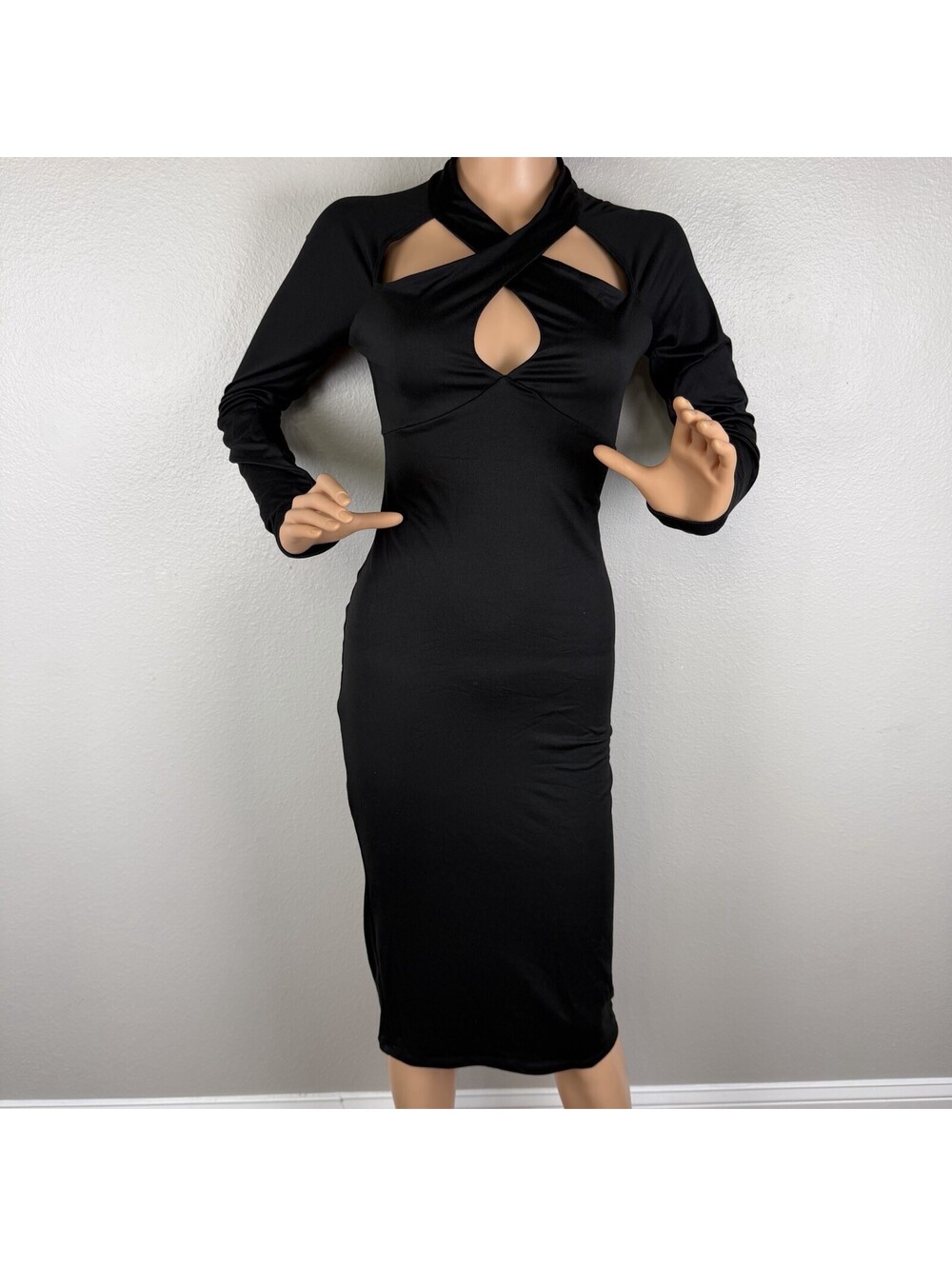 Fashion Nova Emily Cross Front Midi Dress Black Size M Long Sleeve Cutout Body
